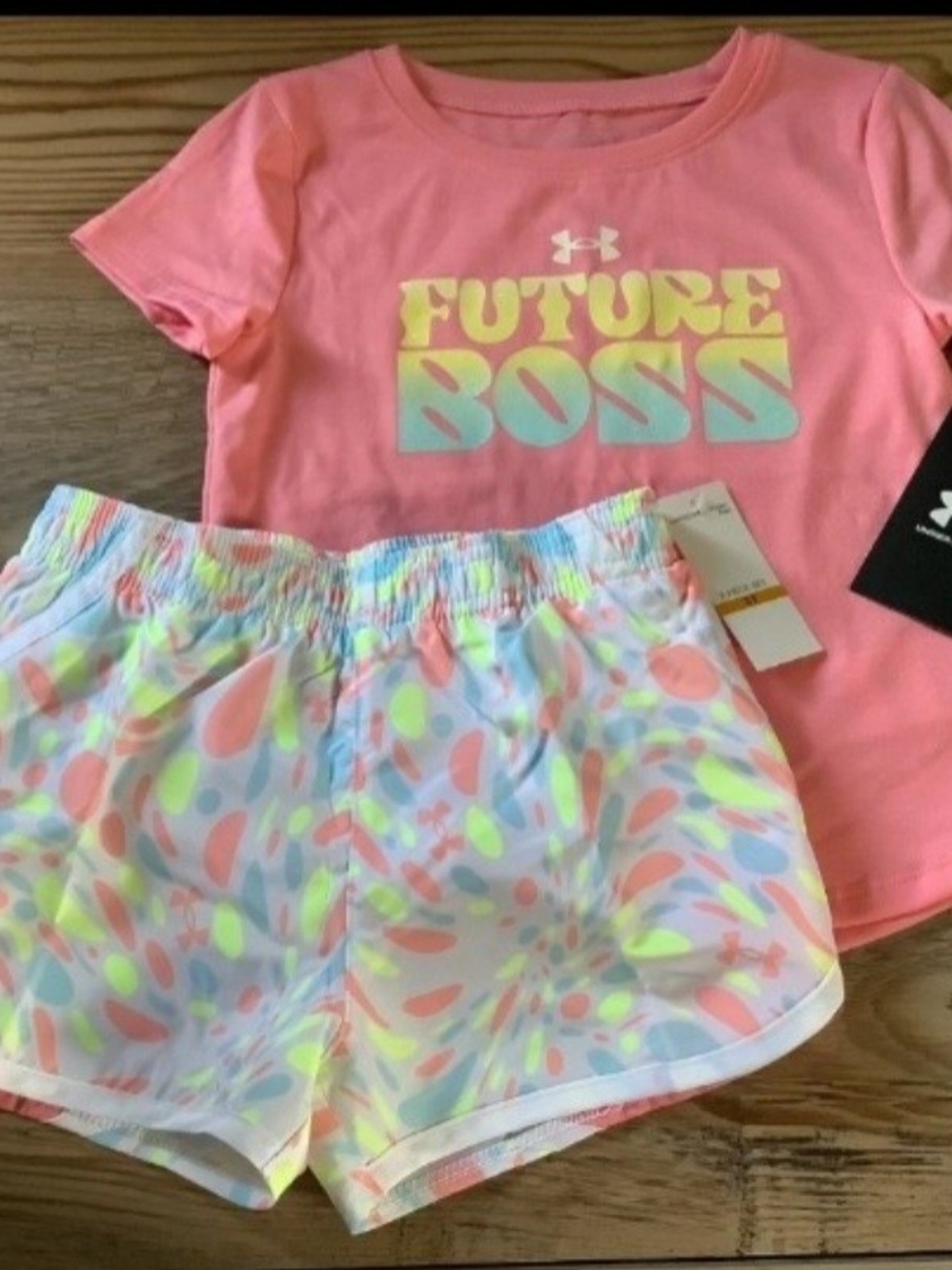 Under Armour Girls  "Future Boss" Tee & Neon Print Shorts Set Size 3T(NWT)